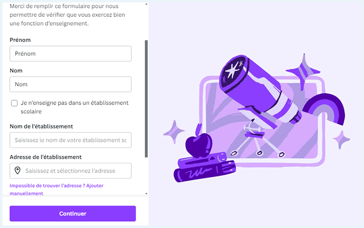 Capture écran du site Canva montrant le formulaire d'inscription pour les étudiants