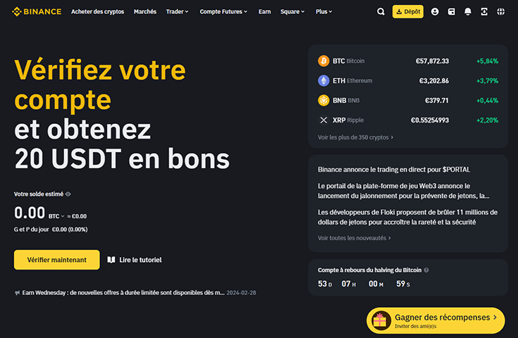 Capture écran de la page d'accueil du site de Binance
