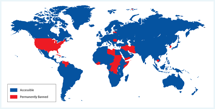 Carte représentant les pays dans lesquels Binance est accessible