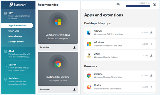 Capture d'écran du tableau de bord du site Web Surfshark, fenêtre des applications et des extensions