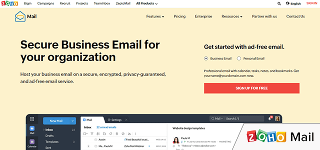 Capture d'écran de Zoho Mail avec logo