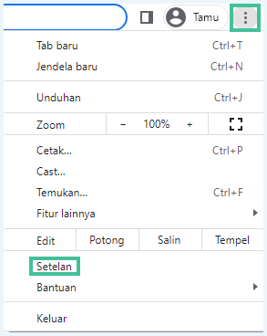 langkah hapus cookies melalui menu setelan di sudut kanan atas layar