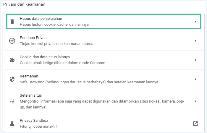 pilih untuk hapus riwayat penjelajahan di bagian privasi dan keamanan
