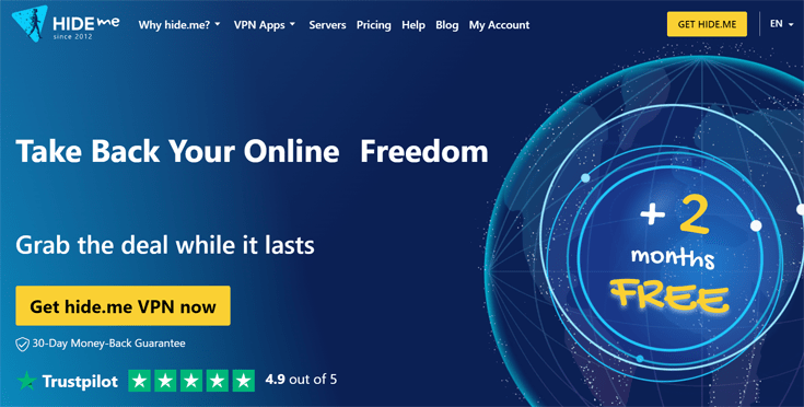 Uno screenshot della home page di Hide.me