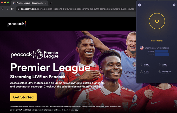 Sito web PeacockTV, pagina Sport con CyberGhost VPN connesso