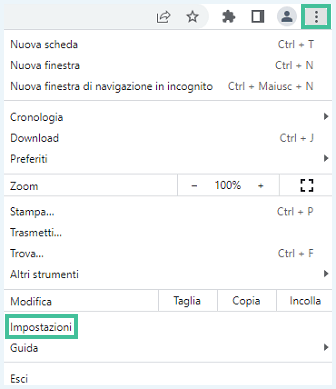 Schermata aperta del menu a discesa delle Impostazioni di Google Chrome
