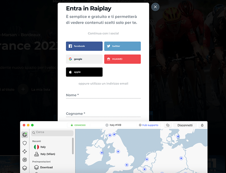 Screenshot dell'iscrizione a RaiPlay