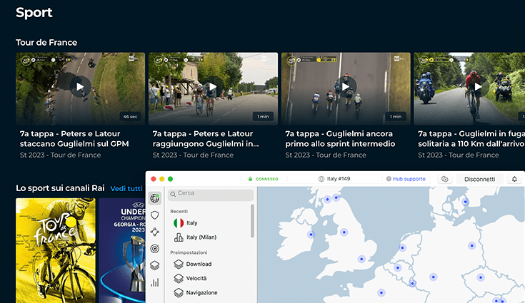 Screenshot della sezione Sport di RaiPlay