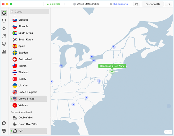 Screenshot di NordVPN connessa a server americano