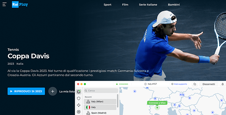 Screenshot Coppa Davis su RaiPlay con accesso grazie a server italiano su NordVPN