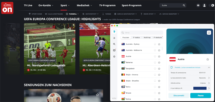 Screenshot Europa League su Servus TV con server austriaco di Surfshark