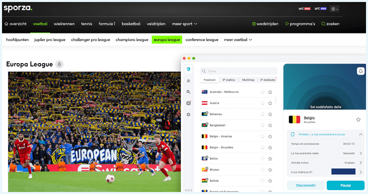 Screenshot Europa League su Sporza con server belga di Surfshark