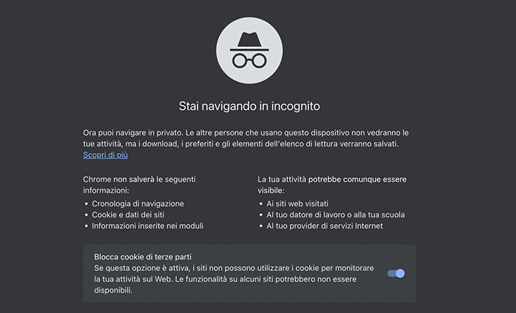 Screenshot modalità incognito di Google Chrome per trovare voli economici con una VPN