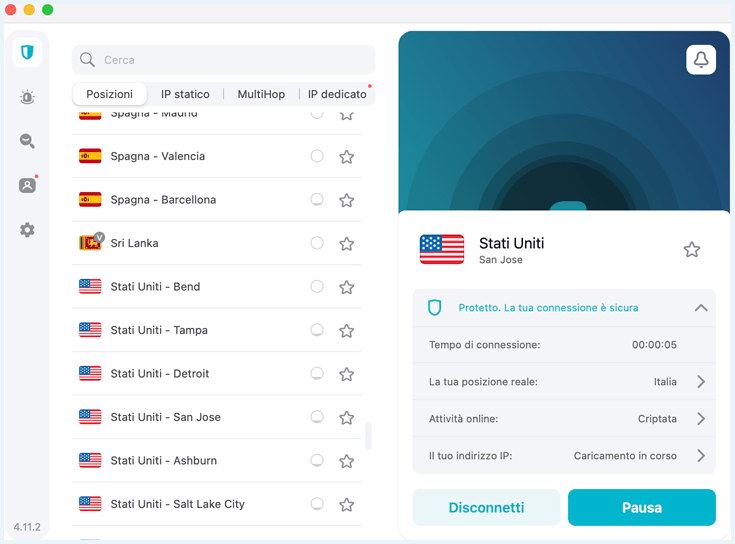 Screenshot di Surfshard usato su Mac con server negli Stati Uniti