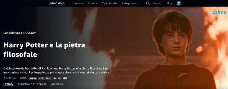Uno screenshot di Amazon Prime che mostra che puoi acquistare o noleggiare Harry Potter tramite Max