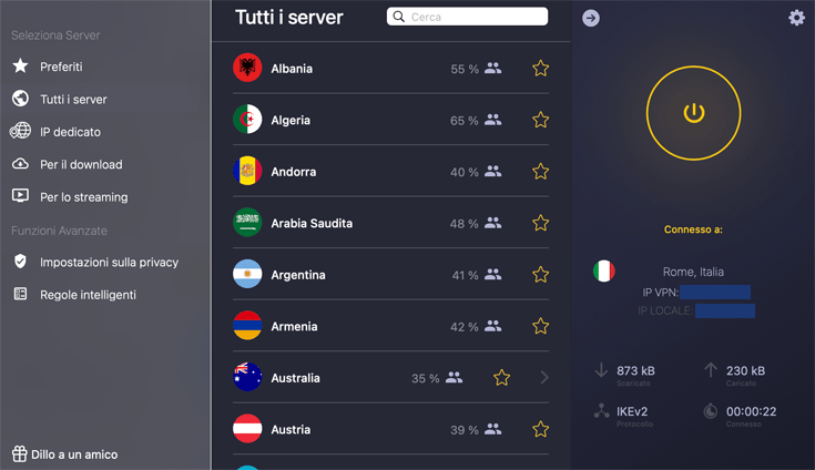 VPN CyberGhost connessa a un server italiano