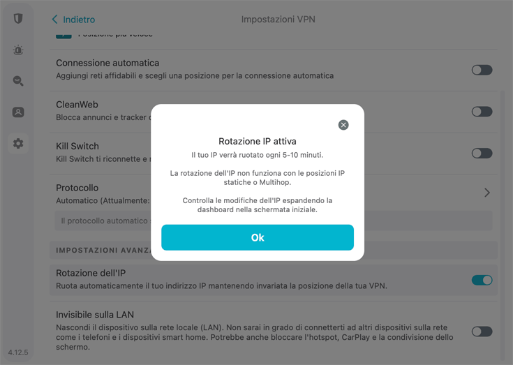 Screenshot di Surfshark, Notifica IP rotating attivato