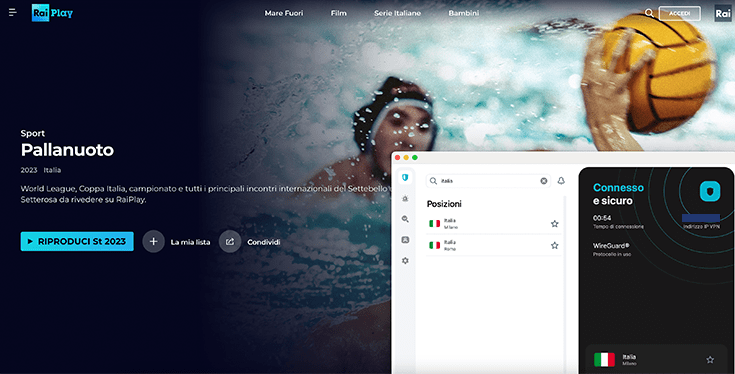 Pallanuoto su RaiPlay con Surfshark VPN connessa a un server italiano