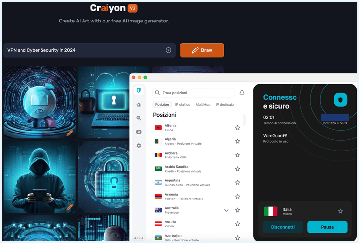 Immagine creata con AI (Craiyon con prompt "VPN e sicurezza informatica nel 2024") + Surfshark