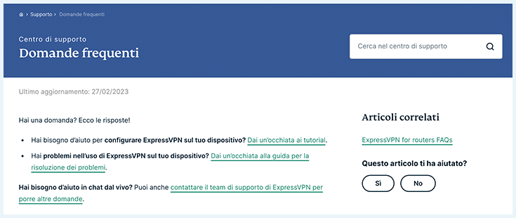 Screenshot di ExpressVPN, pagina di supporto sul sito