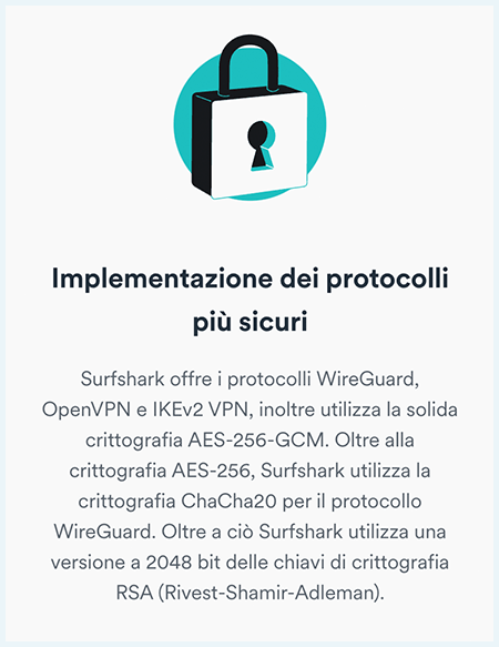 Paragrafo riguardante la crittografia e i protocolli sul sito web di Surfshark