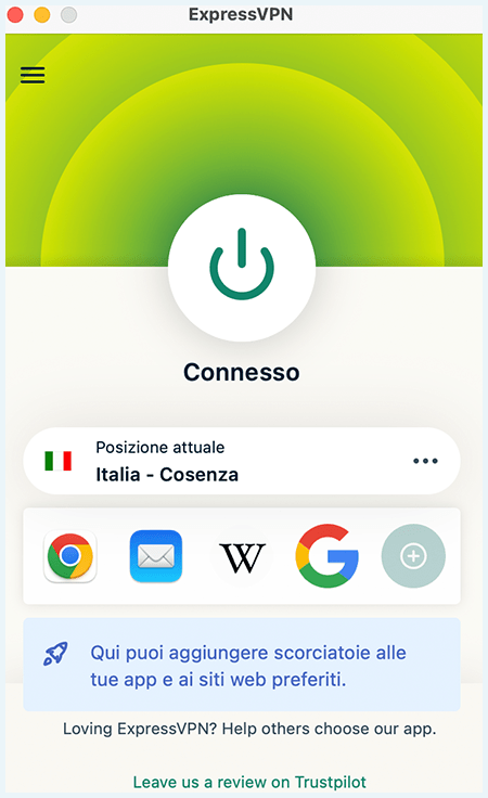 Screenshot di ExpressVPN, client connesso