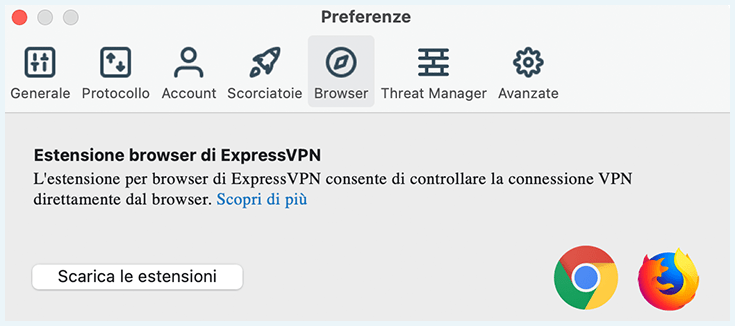 Screenshot di ExpressVPN, Estensioni browser chrome e firefox