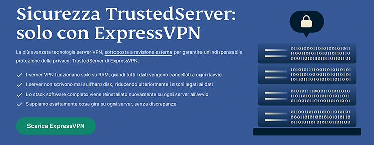 Screenshot di ExpressVPN, sito web con TrustedServer