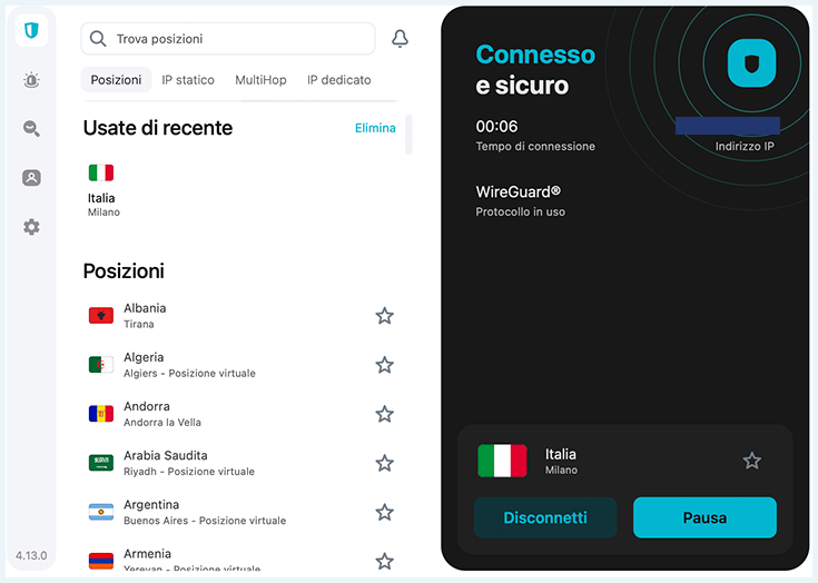 App Surfshark con i diversi tipi di server evidenziati e le funzioni IP dedicate