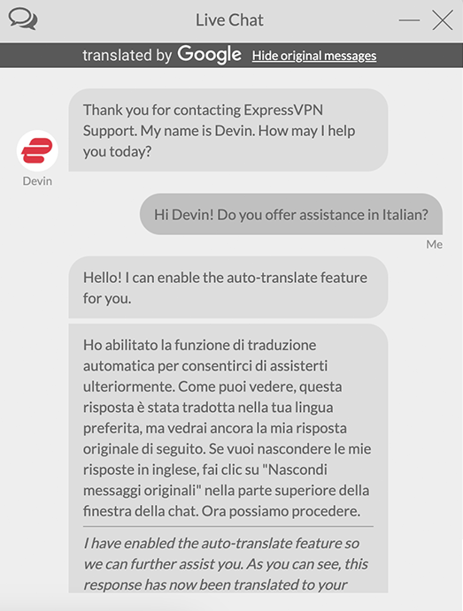 Screenshot di ExpressVPN Chat dal vivo