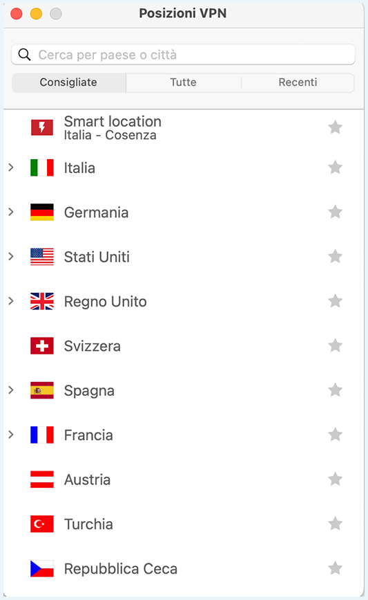 Screenshot di ExpressVPN, server e continenti dell'elenco dei server
