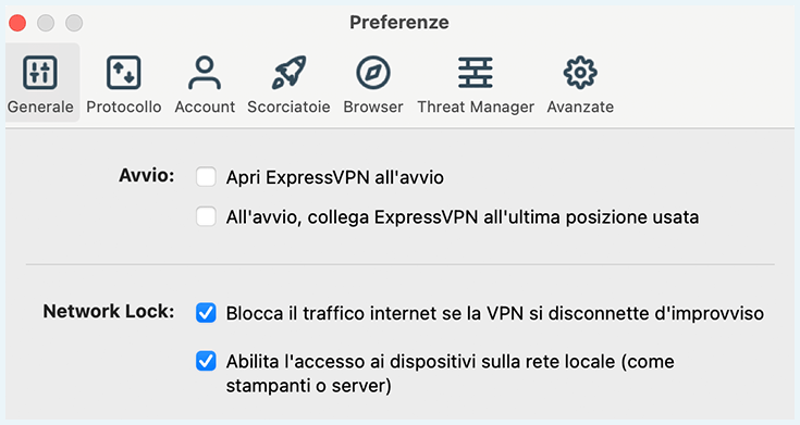 Screenshot di ExpressVPN, finestra Impostazioni generali