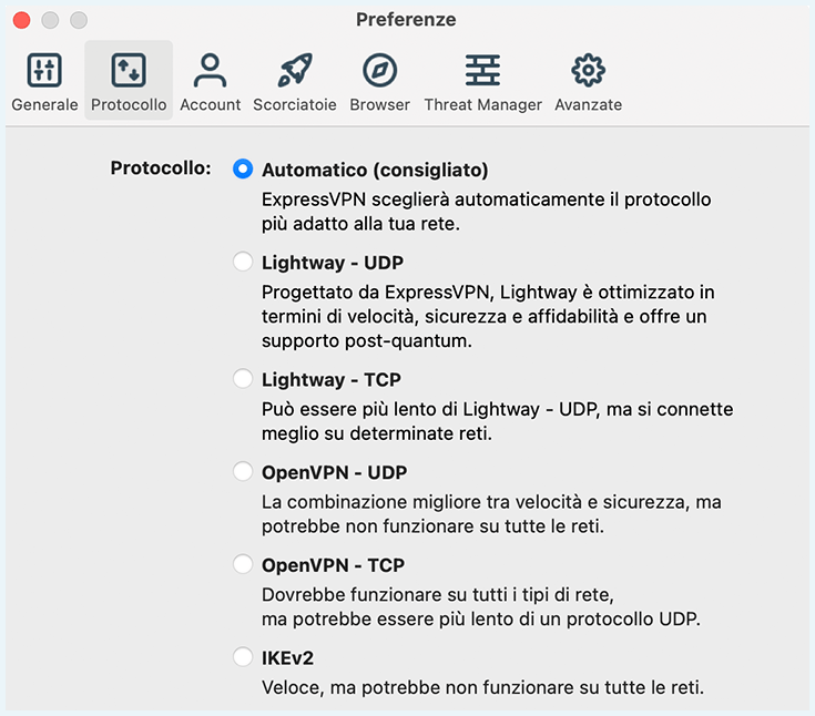 Screenshot di ExpressVPN, finestra delle impostazioni dei protocolli