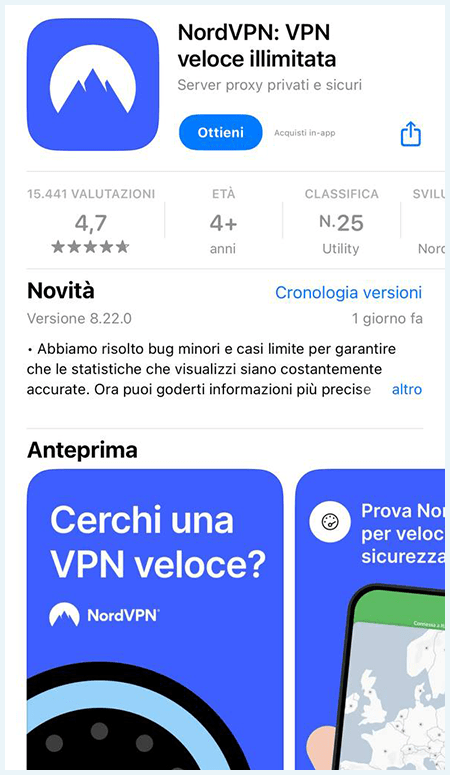 App NordVPN nell'App Store 