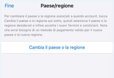 Cambia paese o regione procedura App Store Apple per cambio paese