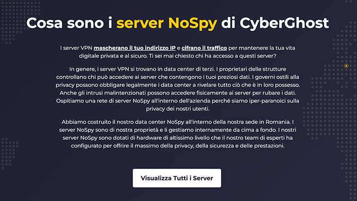 Una descrizione dei server NoSpy di CyberGhost, presa dal loro sito ufficiale