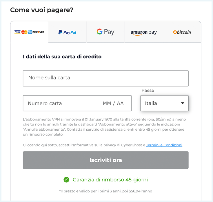 Screenshot di CyberGhost, informazioni sul pagamento con carta di credito