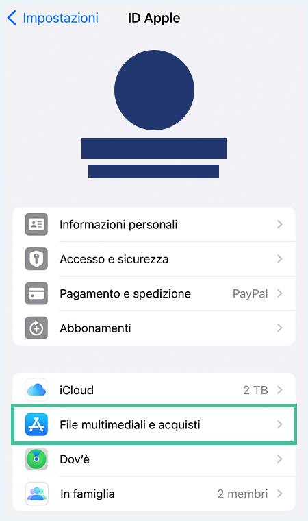 Screenshot con istruzioni per selezionare file multimediali e acquisti su App Store