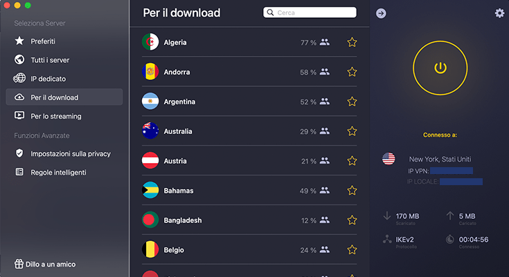 Screenshot di CyberGhost, lista di server per il torrenting e download