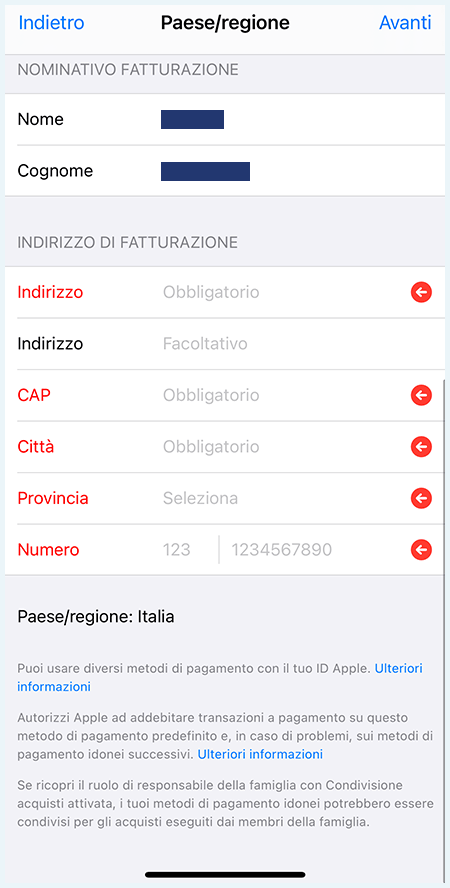 Screenshot con istruzioni per cambiare paese App Store Apple: indirizzo di fatturazione