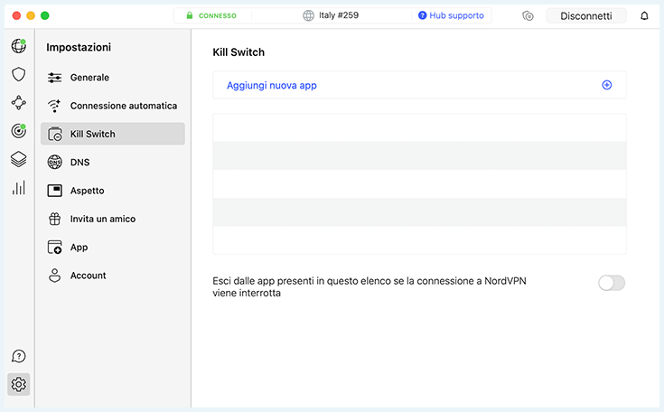 Impostazioni Kill Switch di NordVPN, opzione Kill Switch 