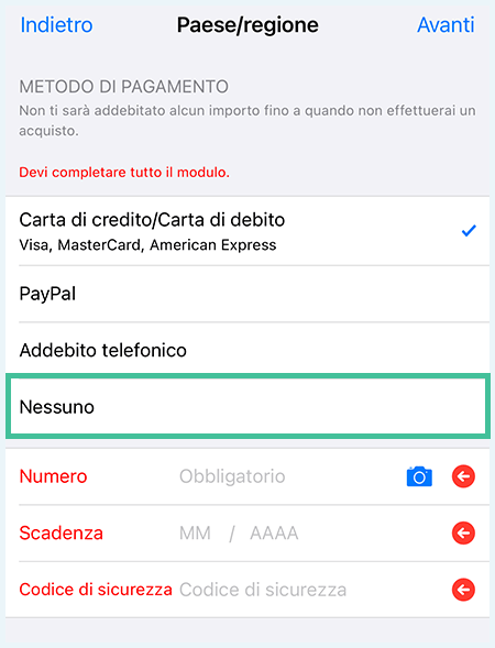Screenshot con istruzioni per cambiare paese App Store Apple: seleziona nessuno