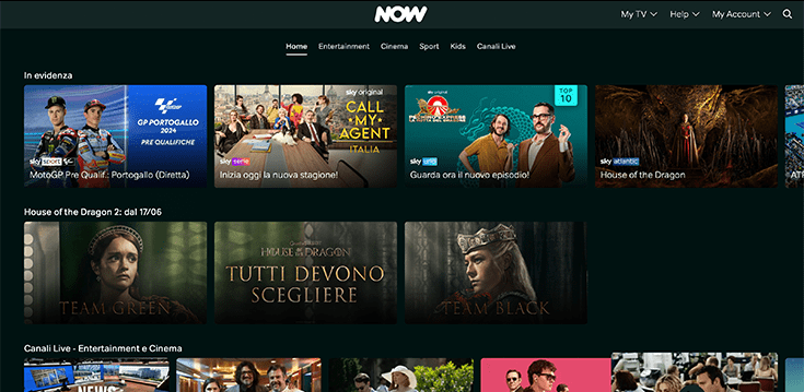 Screenshot della piattaforma di streaming online NowTV