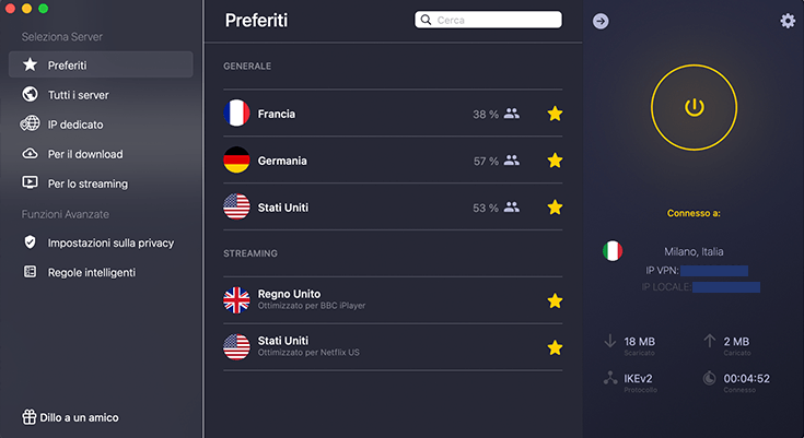 Screenshot di CyberGhost, elenco dei server preferiti