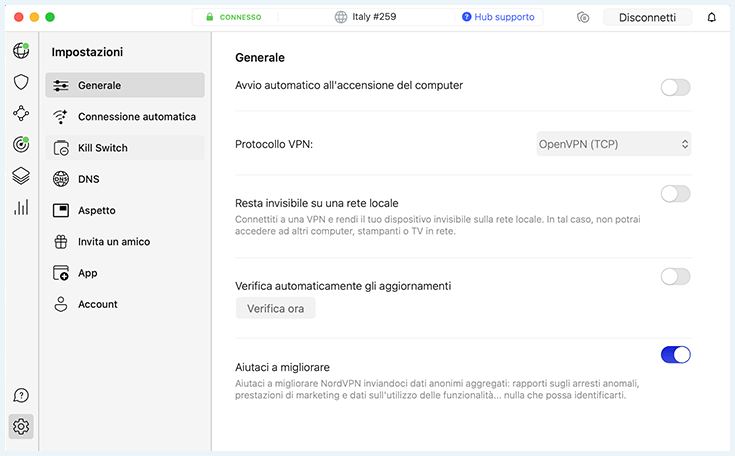 Pulsante kill switch di NordVPN nella tabella impostazioni
