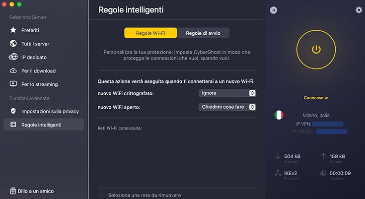 Screenshot di CyberGhost, regole di avvio intelligenti