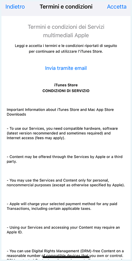 Screenshot con istruzioni per cambiare paese App Store Apple: accetta i termini e condizioni