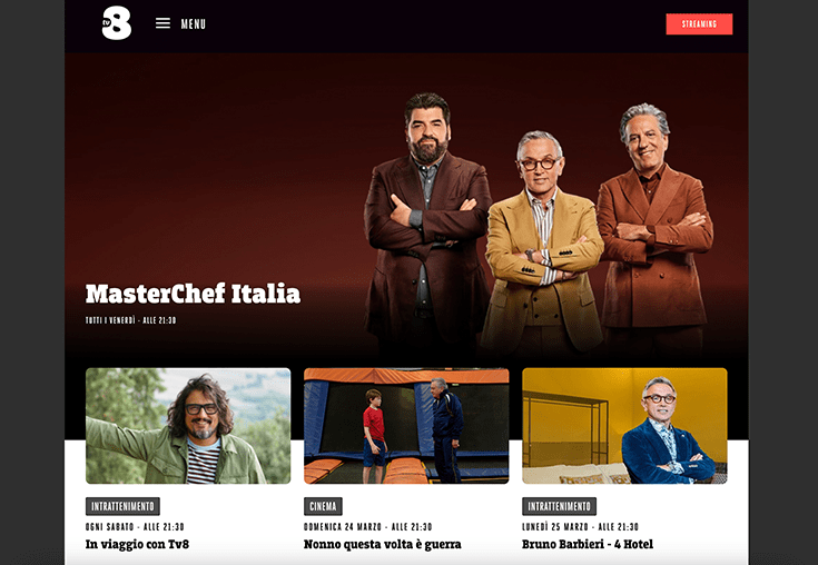 Screenshot della piattaforma di streaming online TV8