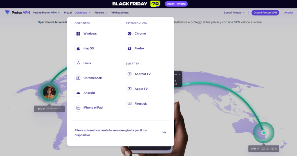 Scarica Proton VPN per accedere a OnlyFans in Italia rilevando automaticamente la versione per il tuo dispositivo