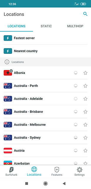 Location dei server Surfshark su app per Android